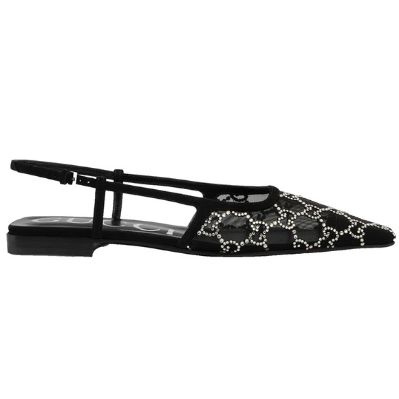 Gucci Demi GG Crystal Mesh Black Silver Slingback Ballerina Ballet Flat 37.5
